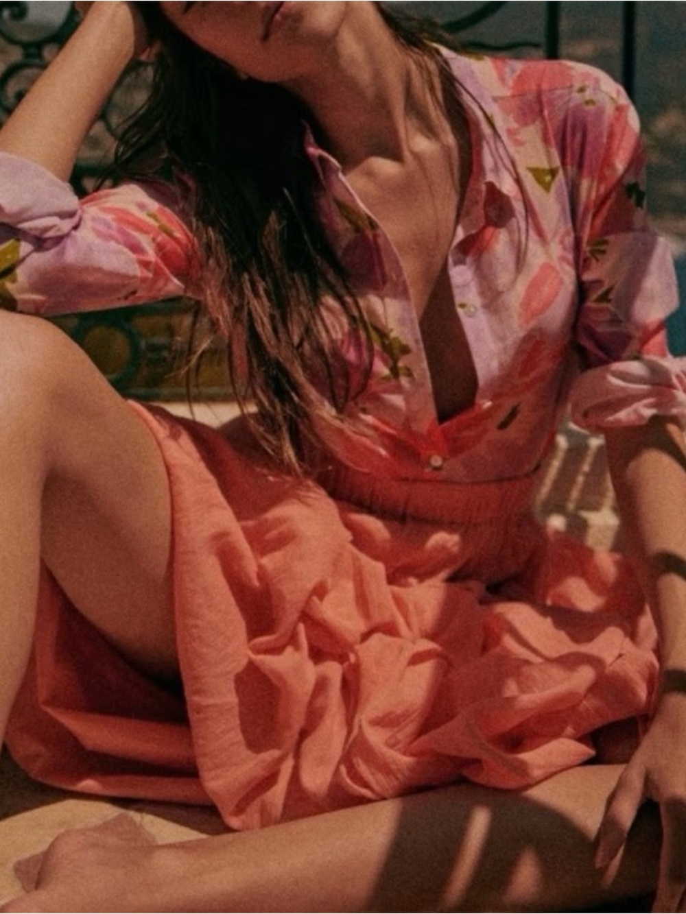 Sezane Pietro Shirt Floral Button-Down Shirt in Pink, Lavender, Green Silk Blend